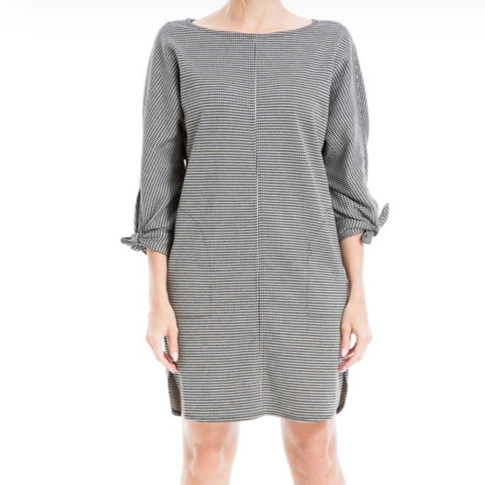 Max Studio double knit tie sleeve houndstooth shift dress boat neck 3/4 sleeves